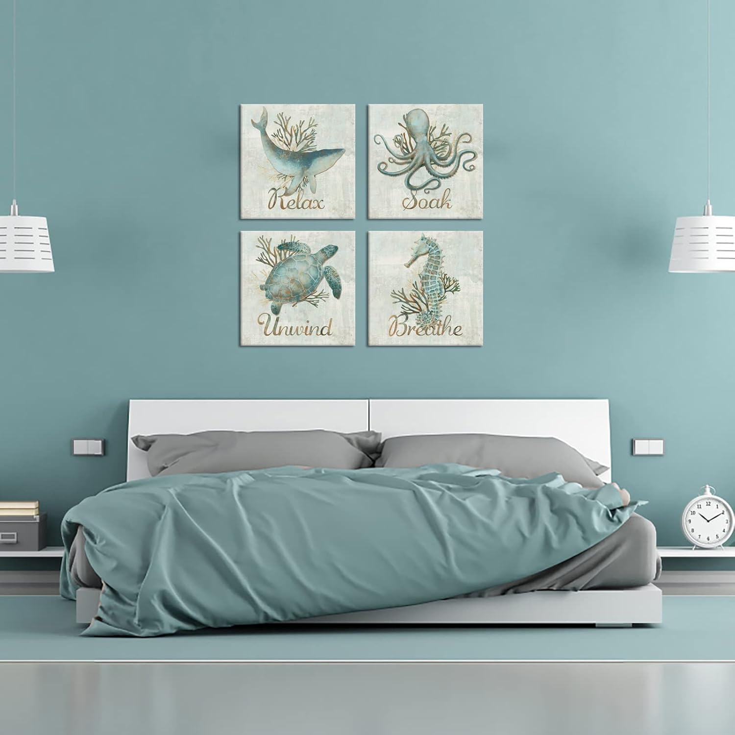 LevvArts 4 Piece Bathroom Wall Art Relax Soak Unwind Breathe Sign Poster Vintage Beach Theme Teal Sea Turtle Seahorse Octopus Dolphin Painting Canvas Print for Home Bedroom