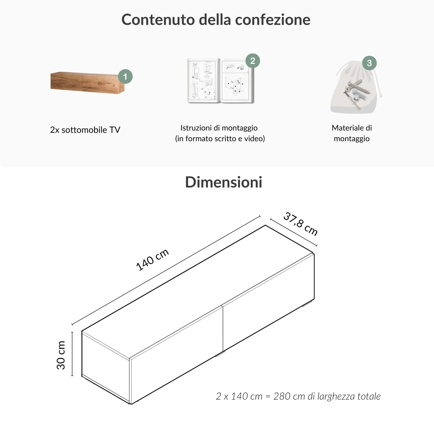 Planetmöbel Mobile TV West, porta TV lungo 280 cm, mobiletto TV sospeso o da appoggio, mobile TV per soggiorno, 2X mobile porta TV 37,8 x 140 x 30 cm, rovere dorato