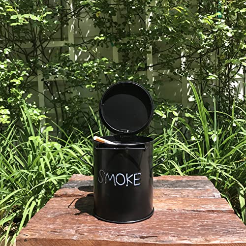 Smoke Outdoor Ashtray, Trashcan Style, Hinged Lid, Removable Interior Tray, 7 D X 7 H Inches, Lacquered Iron, Black Finish, White Text #TOP1