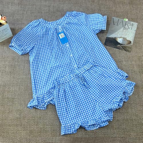 Image of codcm Womens 2 Piece Ruffle Pajama Set Gingham Pjs Short Sleeve Babydoll Shirt and Shorts Plaid Summer Outfits