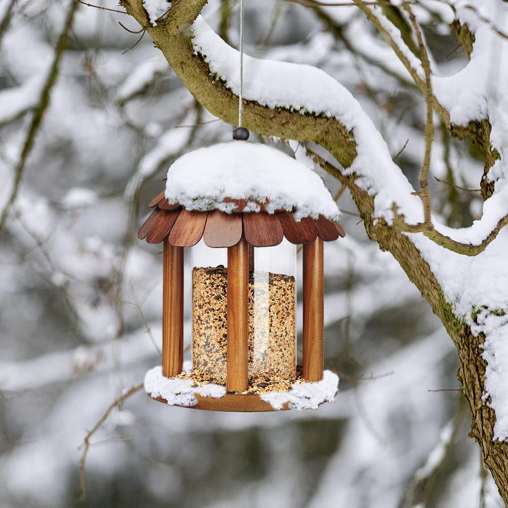 Delux Gazebo Bird Feeder, Going Green Bamboo Water Proof Shingle Roof, 3 Lbs Capacity, Rust Proof Wire Cable Lifetime Durability, Solid Cedar Wood Squirrel Proof Secure Lock