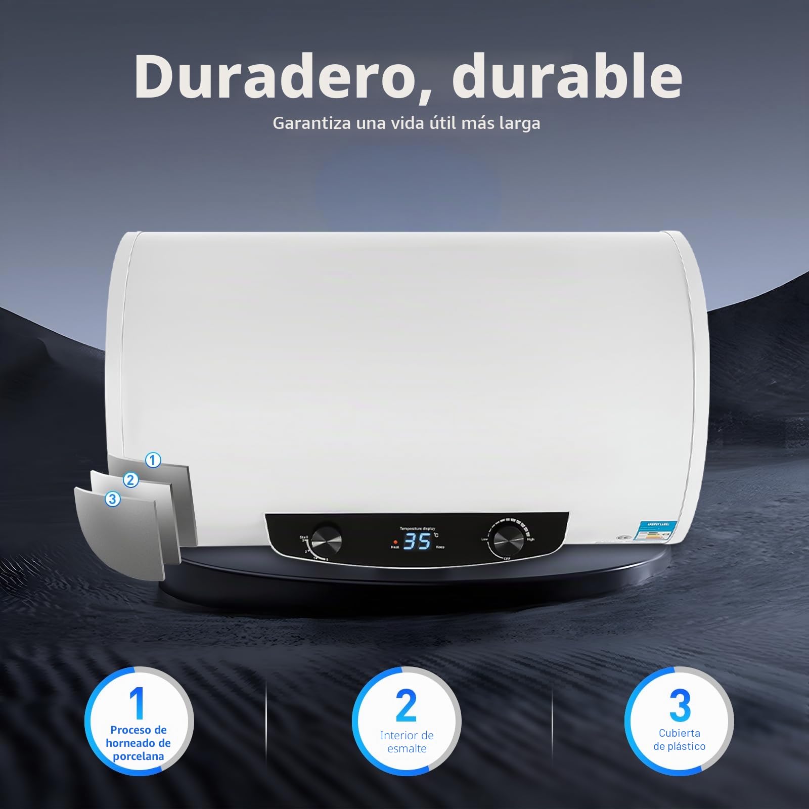 50L/120L de almacenamiento eléctrico horizontal, depósito de agua eléctrico, potencia de calentamiento de 2000 W y termómetro,válvula de seguridad, 120L(Capacidad real de agua: 70L)