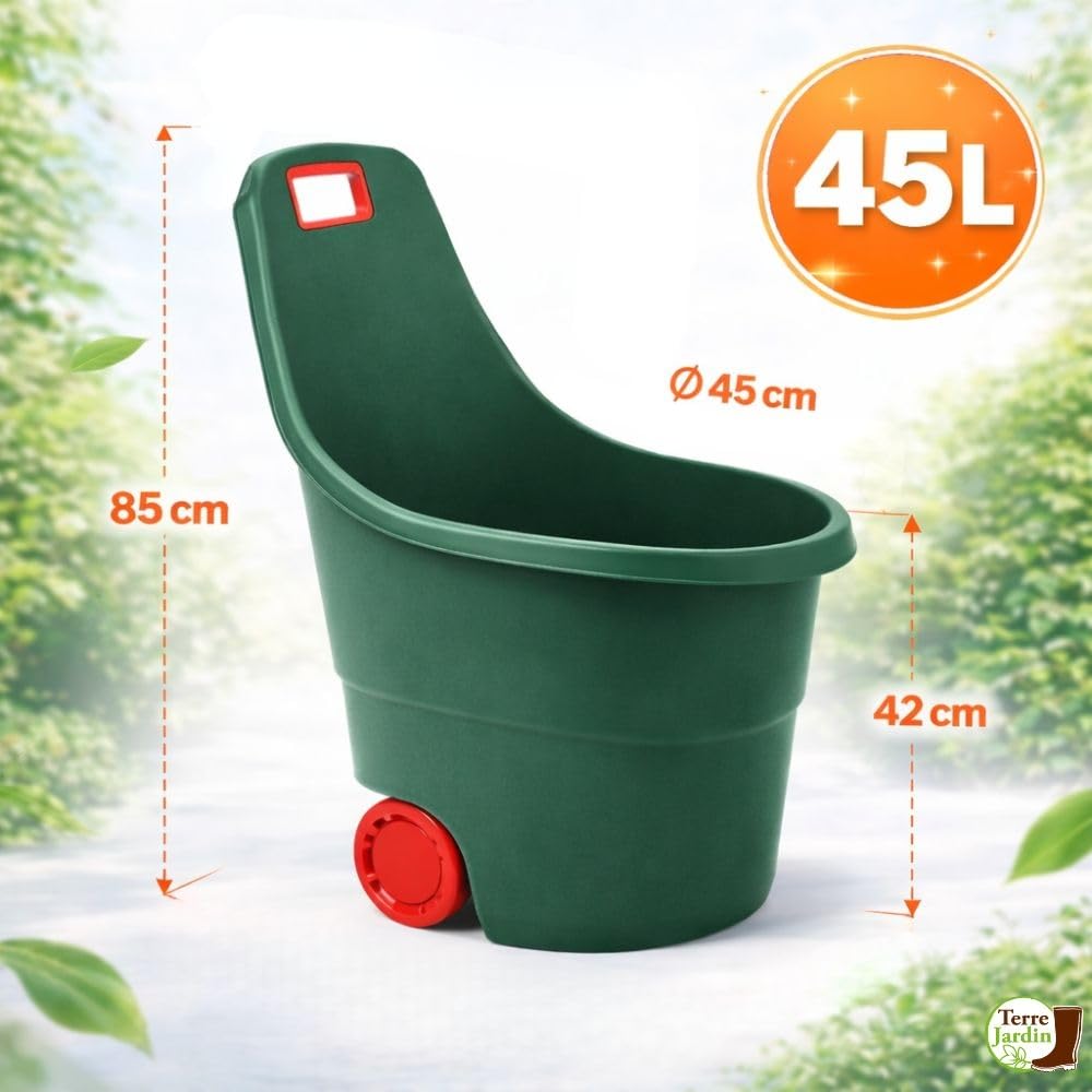 TERRE JARDIN Chariot de Jardin 45 L en Plastique - Brouette de Jardin 2 Roues Maniable avec Poignée - Chariot à roulettes pour Bois de Chauffage, Déchets Verts et Entretien Extérieur