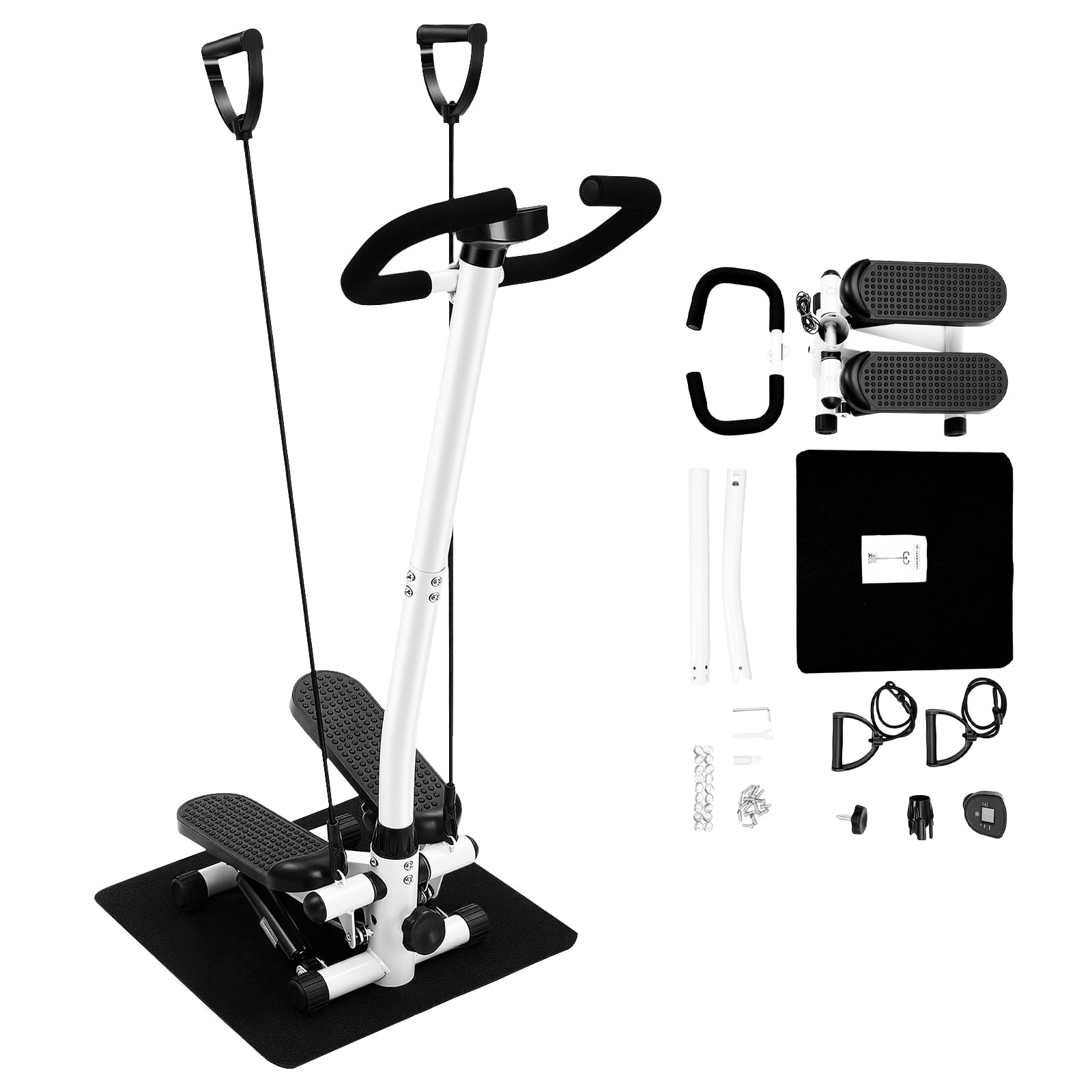 Stepper fitness per la casa | Mini stepper (manubrio, tappetino e fasce di resistenza) | Esercizio in piedi regolabile con display LCD | Portata: 150 kg | Resistenza: 150 kg