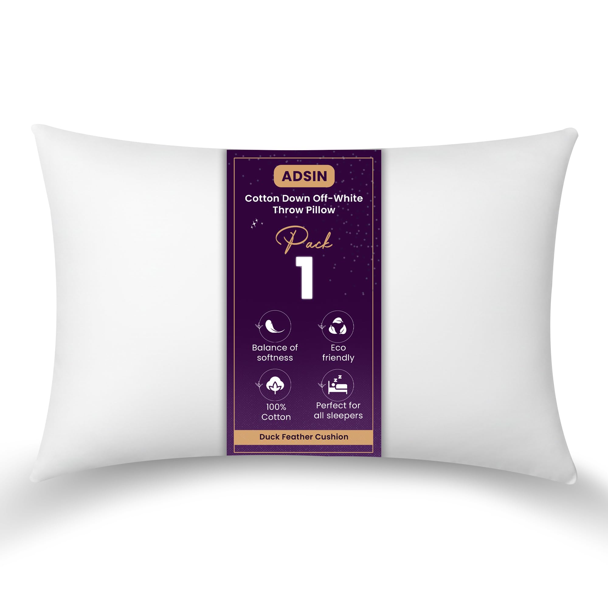 Adsin White Set Of 1 Duck Feather Cushion Inserts – 35Cm X 55Cm (14" X 22") – Off- Throw Pillow Pads With 100% Cotton Down-Proof Cover – Soft & Supportive Inner Fillers For Sofas & Beds