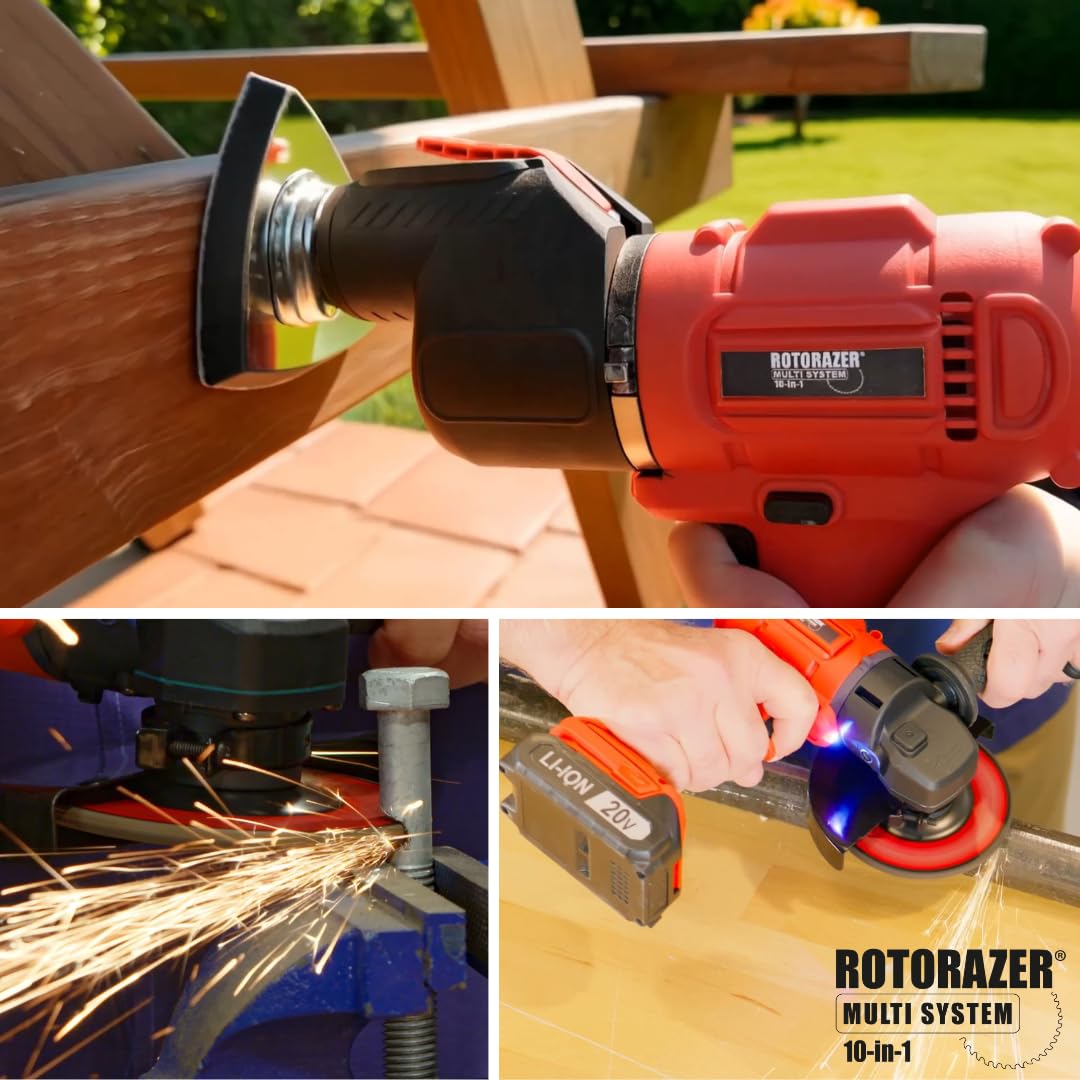 Rotorazer Multi System 10 in 1 - Multiutensile wireless 20 V: Trapano a percussione, seghetto alternativo, smerigliatrice, levigatrice e oscillante, kit completo con valigetta e batteria 1500 mAh