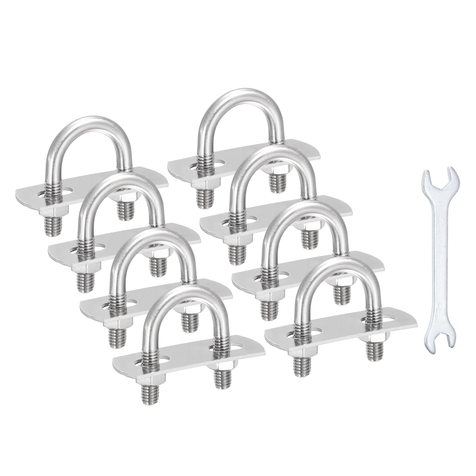 sourcing map 8Pcs M6 U-Bolts, 0.75"(19mm) Inner Width 1.37"(35mm) Length 304 Stainless Steel Round Bend U Bolts with Nuts Frame Plate Washers and Wrench for Trailers Boats Axle Sailboat