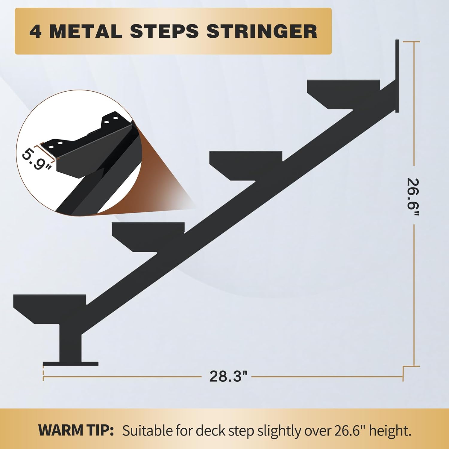 2 Pack Steel Stair Stringer, 4 Steps Stair Riser, Outdoor Metal Step Stringers for 26.6 Inch Height Deck.