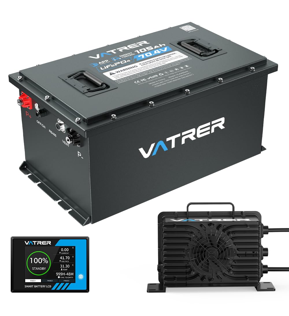 72V (70.4V) 105Ah Lithium Golf Cart Battery, Built-in 200A BMS, with Touch Monitor & Mobile APP, 4000+ Cycles LiFePO4 Battery, Max 14.08kW Power Output, Perfect for Golf Carts