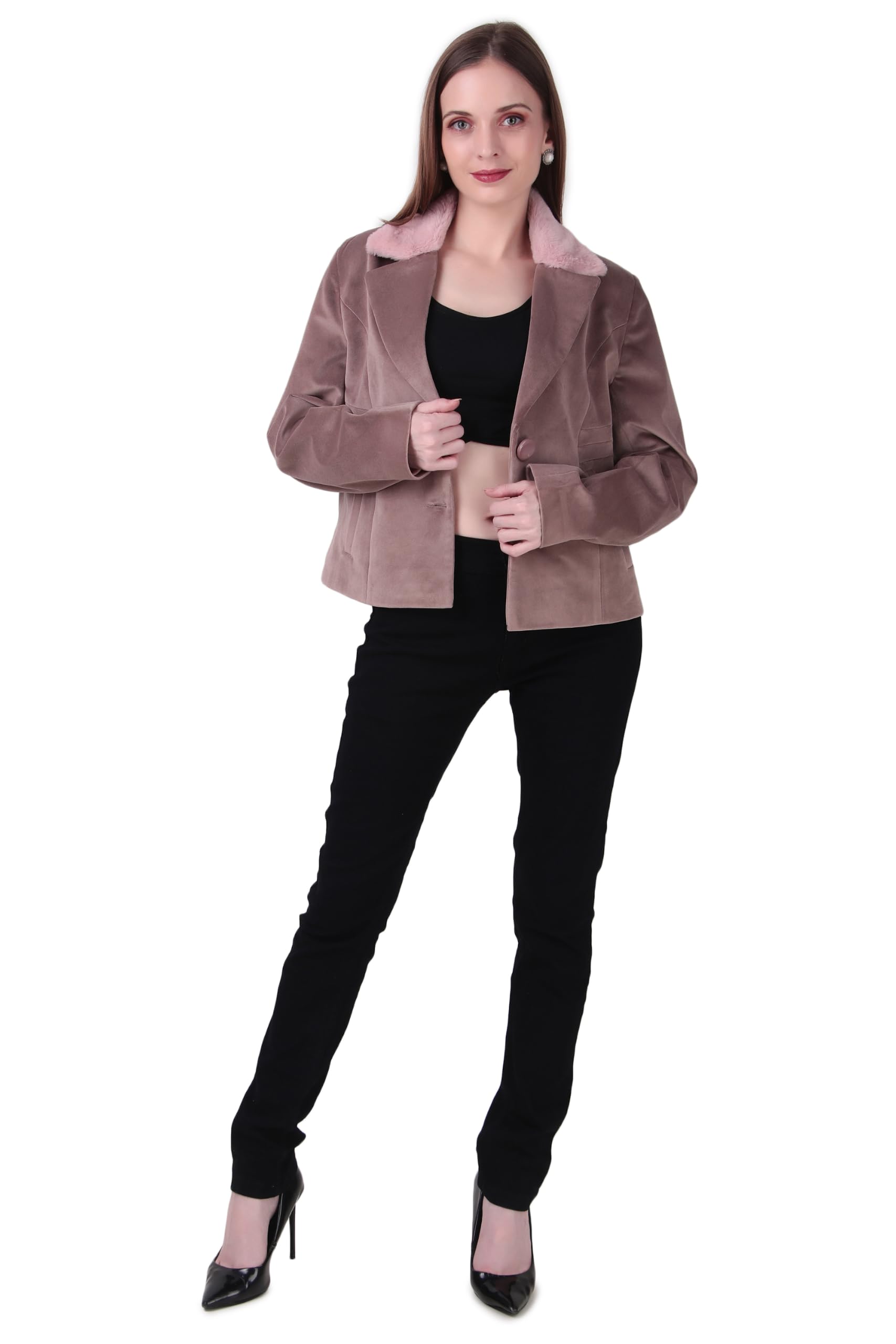 Women's Dusty Rose Faux Suede Short Coat | Lapel Collar with Contrast Faux Fur Detailing | 2-Button Winter Jacket with Front Pockets | Elegant Casual Outerwear | Pack of 1-image-40