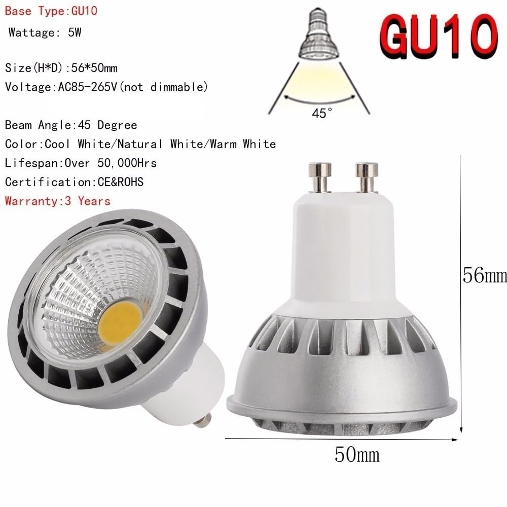 YSJX luces de amplio voltaje, Paquete de 6 focos LED COB CA 85-265 V, E27/GU10, 5 W, no regulables, MR16, CC 12 V(Warm White,GU10 5W AC85-265)