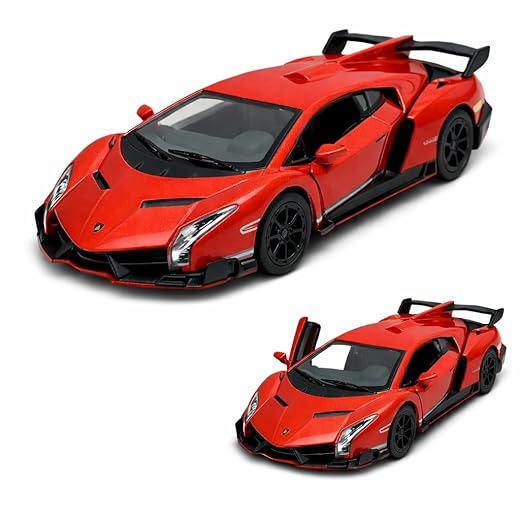 Carrinho De Ferro Miniatura Lamborghini Veneno 13 CM, em metal, 1/36, Rodinhas de borracha com Fricção, Miniatura de carro colecionável, Kinsmart (Laranja)