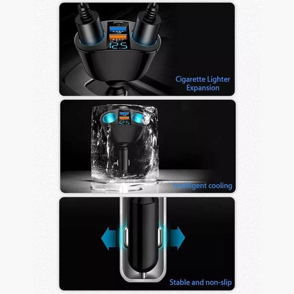 Z3R7 Presa Accendisigari Auto Multipla Con 5 Porte - 2 USB + 1 PD QC3.0 + 2 Prese, Luce Atmosfera Blu, Voltmetro, 120W