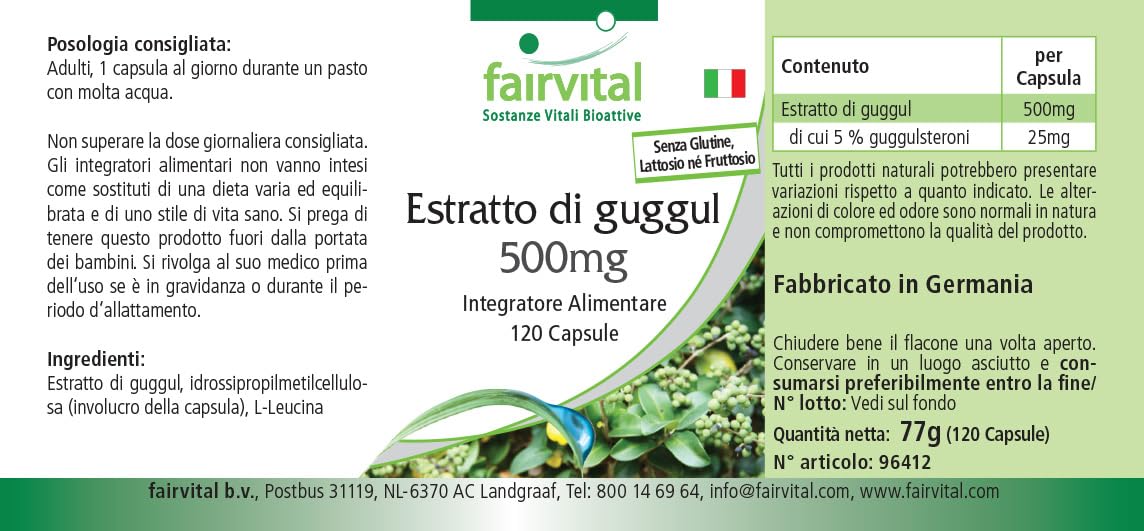 fairvital Extrait de guggul 500mg, 120 gélules, 5% de guggulstérones, qualité certifiée et hautement dosé, 100% végétalien, fabriqué en Allemagne