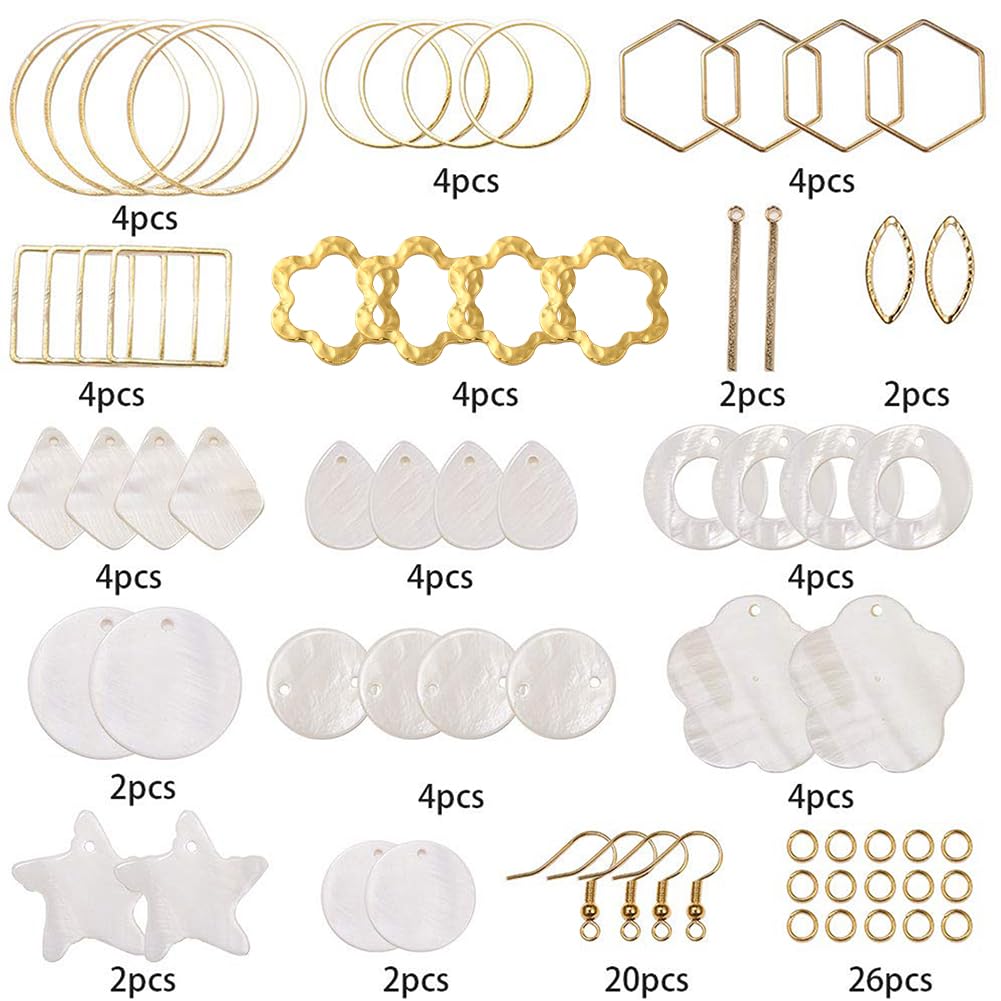 SUNNYCLUE 1 Box DIY 10 Pairs Shell Geometric Dangle Earring Jewelry Making Kit with Instruction Flower Star Flat Round Shell Pendants Brass Linking Rings Earring Hooks Jewelry Making Supplies Craft