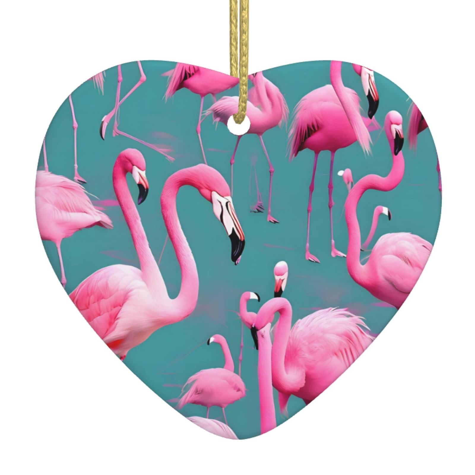 A Flock of Flamingos Ceramic Christmas Heart Pendant with Silk Thread, Christmas Tree Home Decoration