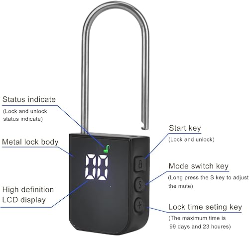 Miniatura 4 de Candado con temporizador de 99 días, sincronización máxima de más de 3 meses con pantalla LCD, candado cronometrado recargable por USB, añade cable