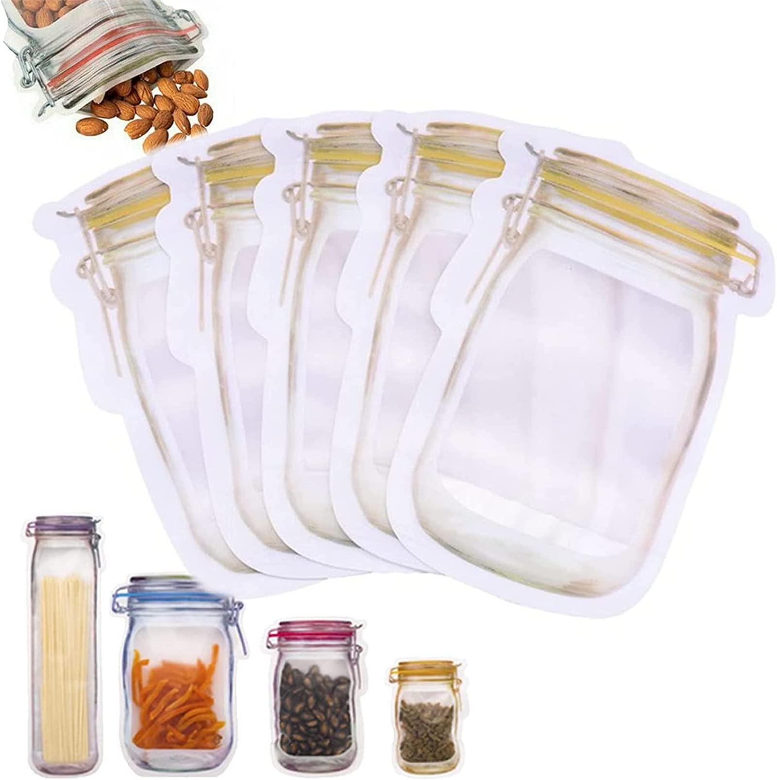 Reusable Mason Bottle Ziplock Bags, Airtight Seal, Leak Proof Food Storage Snack Saver Pouches, Stand Up Container Retail Package (S-5pcs)