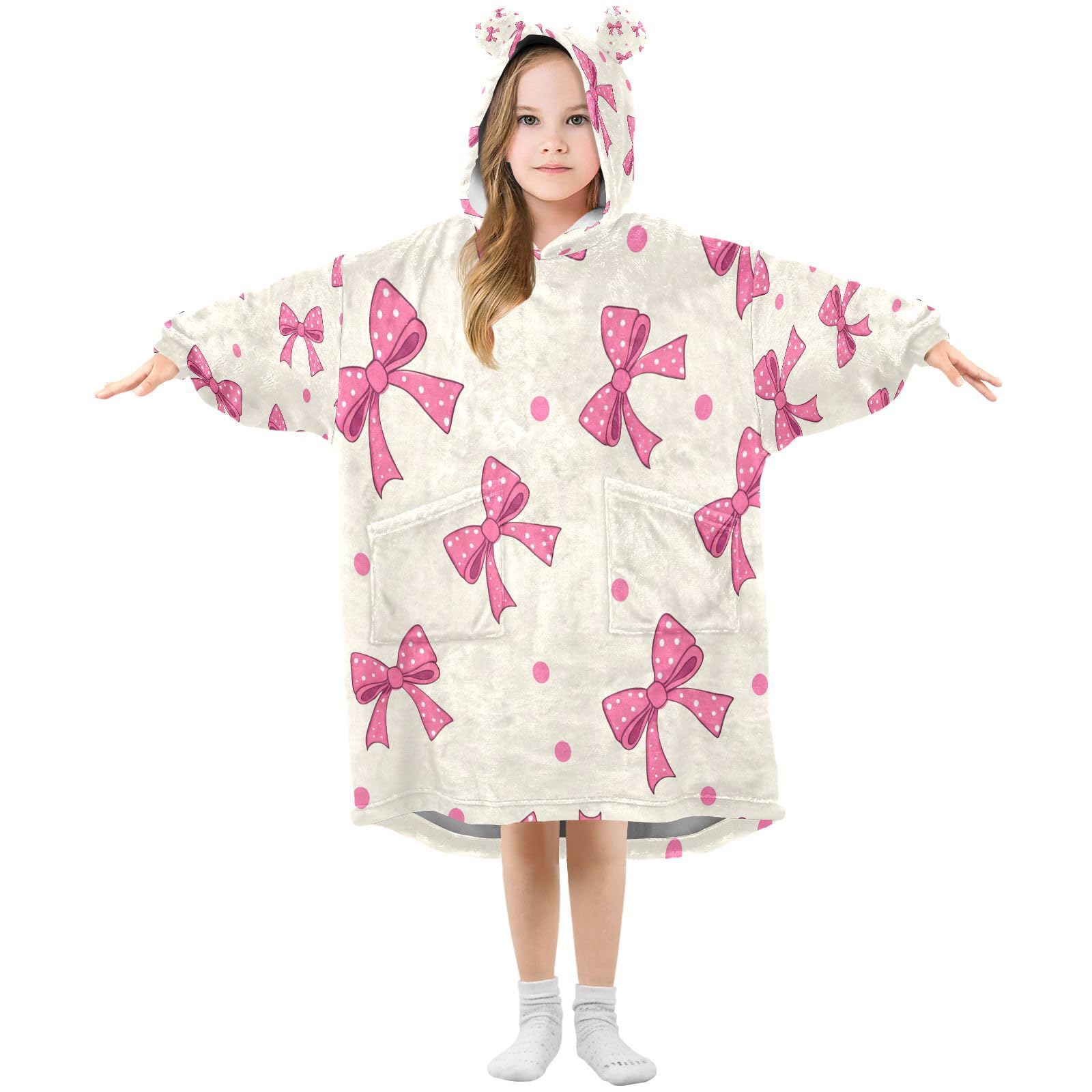 Cgiub Bows Wearable Blanket Hoodie for Kids Warm Cozy Oversized Hooded Sweatshirt Blanket with Pocket