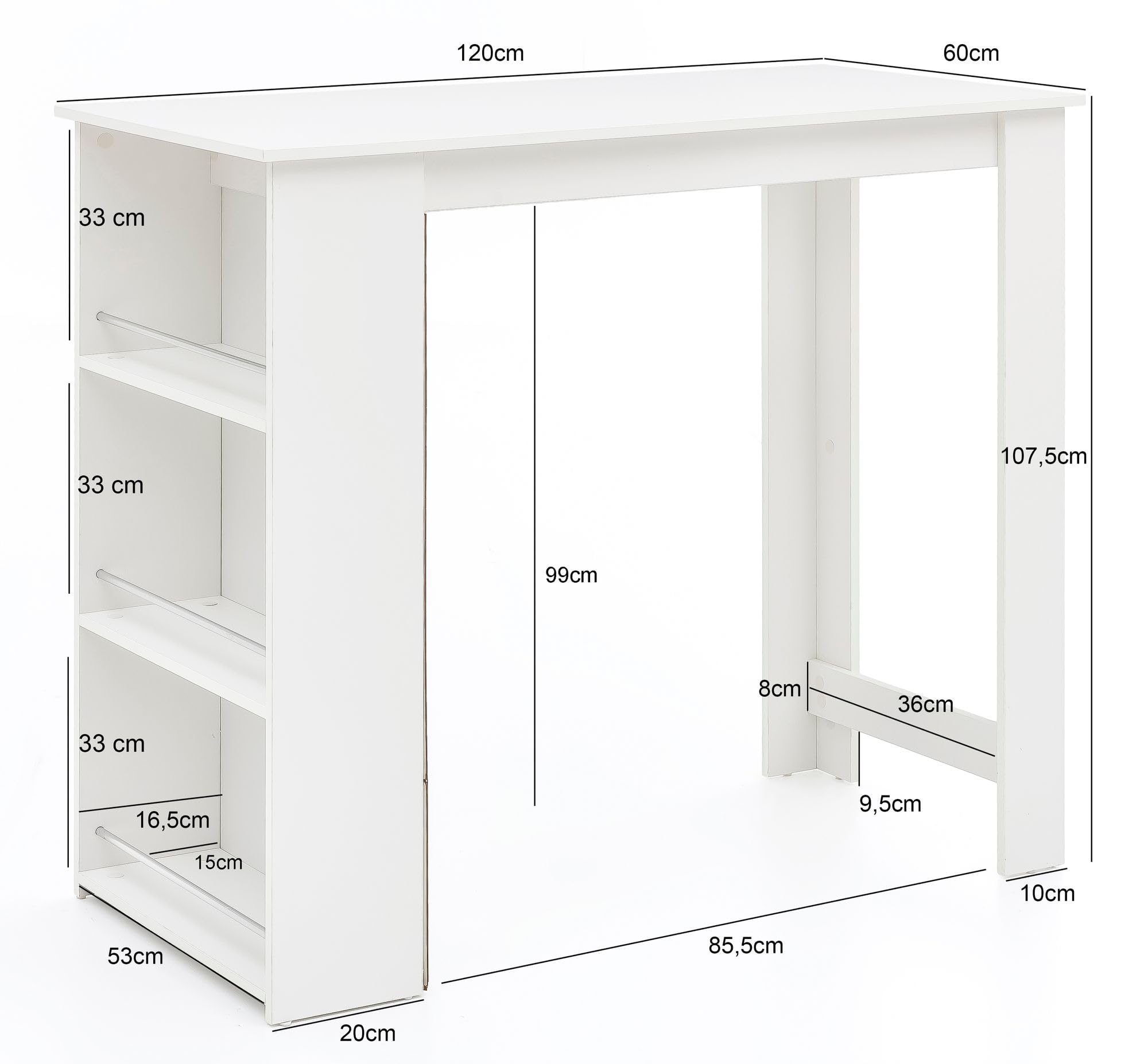 Wohnling Bartisch 120x60x107,5 cm Weiß mit Integriertem Regal | Stehtisch mit großer Ablagefläche, Bartresen für Küche und Party, Küchenbartisch geradlinig, Bistrotisch Holz
