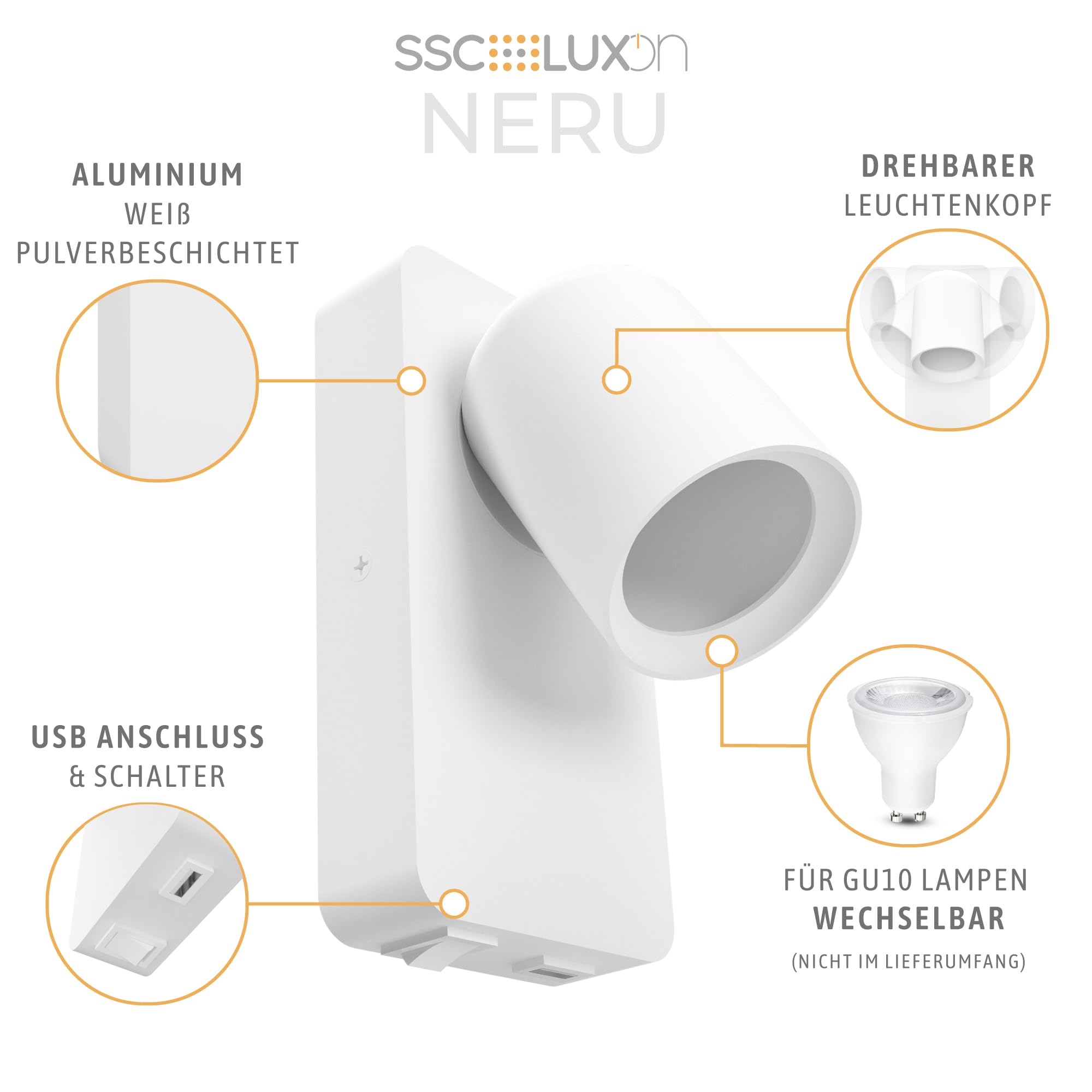 SSC-LUXon NERU Wandleuchte 2er Set weiß GU10 USB drehbar ohne Leuchtmittel | Zwei weiße Wandleuchten mit USB-Anschluss & Schalter - drehbarer Kopf, ideal als Leselampe am Bett & Flurlicht, ohne LED