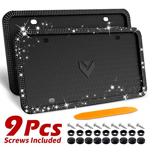 Aujen Bling License Plate Frame Black, 2-Pack License Plate Cover Fits US Standard Cars, Easy Installation License Plate Holder for Rust-Proof, Rattle-Proof & Weather-Proof Use