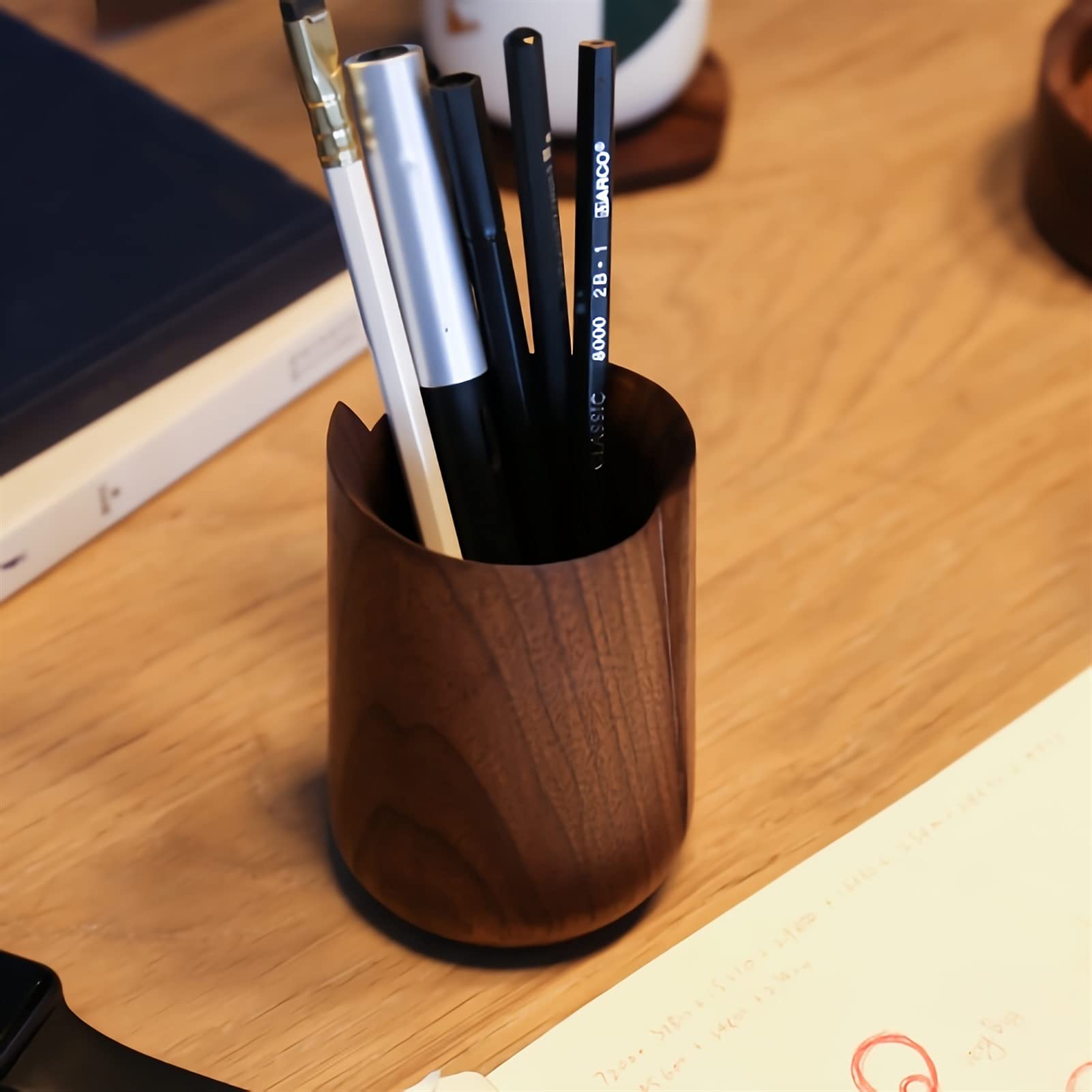 Pot à Crayons Rustique en Noyer Noir pour Bureau, Organiseur Rond pour stylos, Fournitures de Bureau de Style campagnard