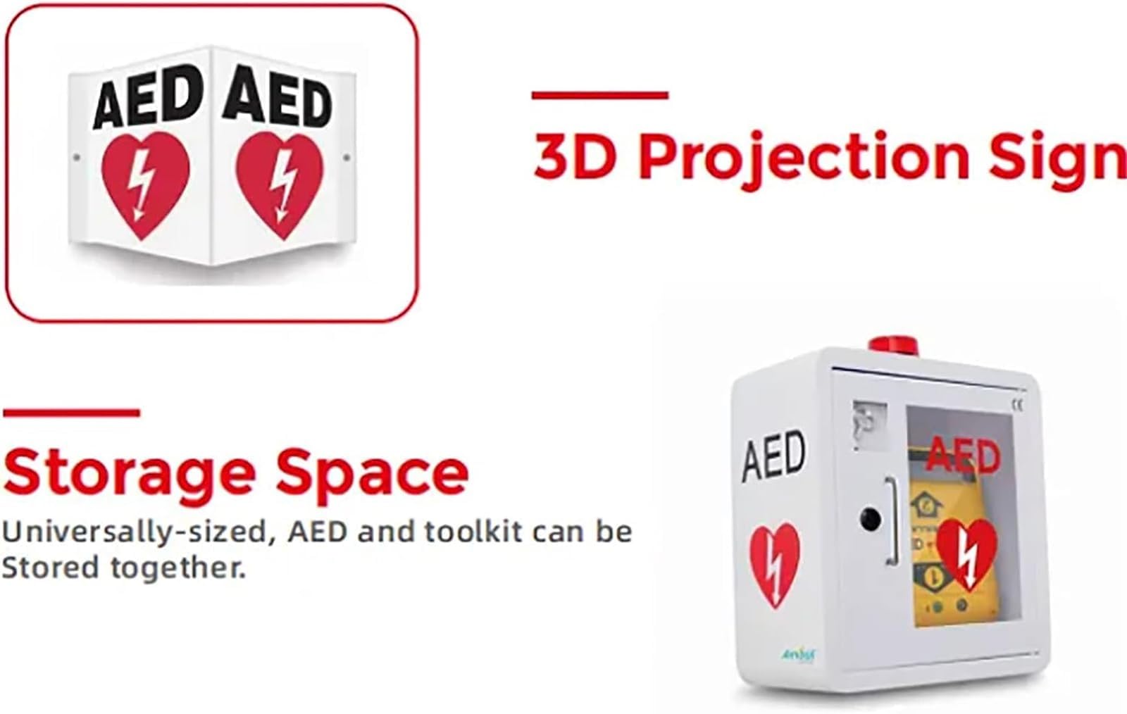 AED-Schrank, AED-Defibrillator-Aufbewahrungs-Wandschrank mit dreieckigem Schloss und 2 Schlüsseln, 1,2 mm Stahl und Alarmsystem, für Zuhause/Büro/Krankenhaus/öffentliche Orte
