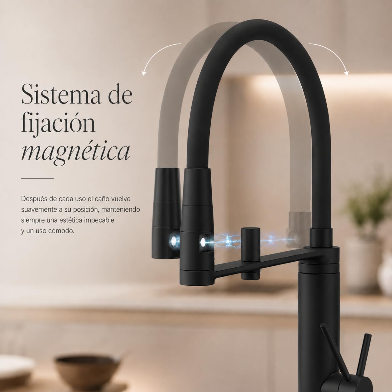 Ramón Soler Grifo de Cocina Flexible con Agua Filtrada Negro Mate | Grifo de cocina con caño flexible magnético y salida independiente para agua filtrada. Diseño premium, práctico y elegante.