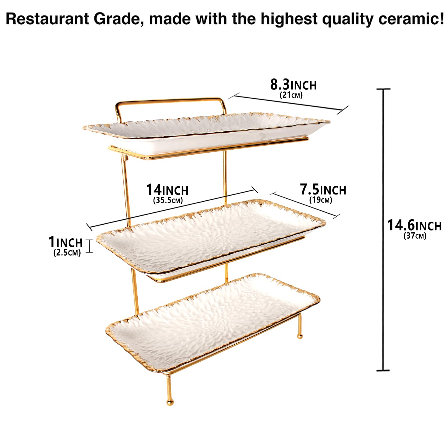 jinsongdafa 3-Tiered Serving Rack with Ceramic Tray, Foldable Gold Stand with 3-PCS 14 Inch Gold Rim Plates, for Food Display, Fruit, Dessert?Decoration for Parties Entertaining