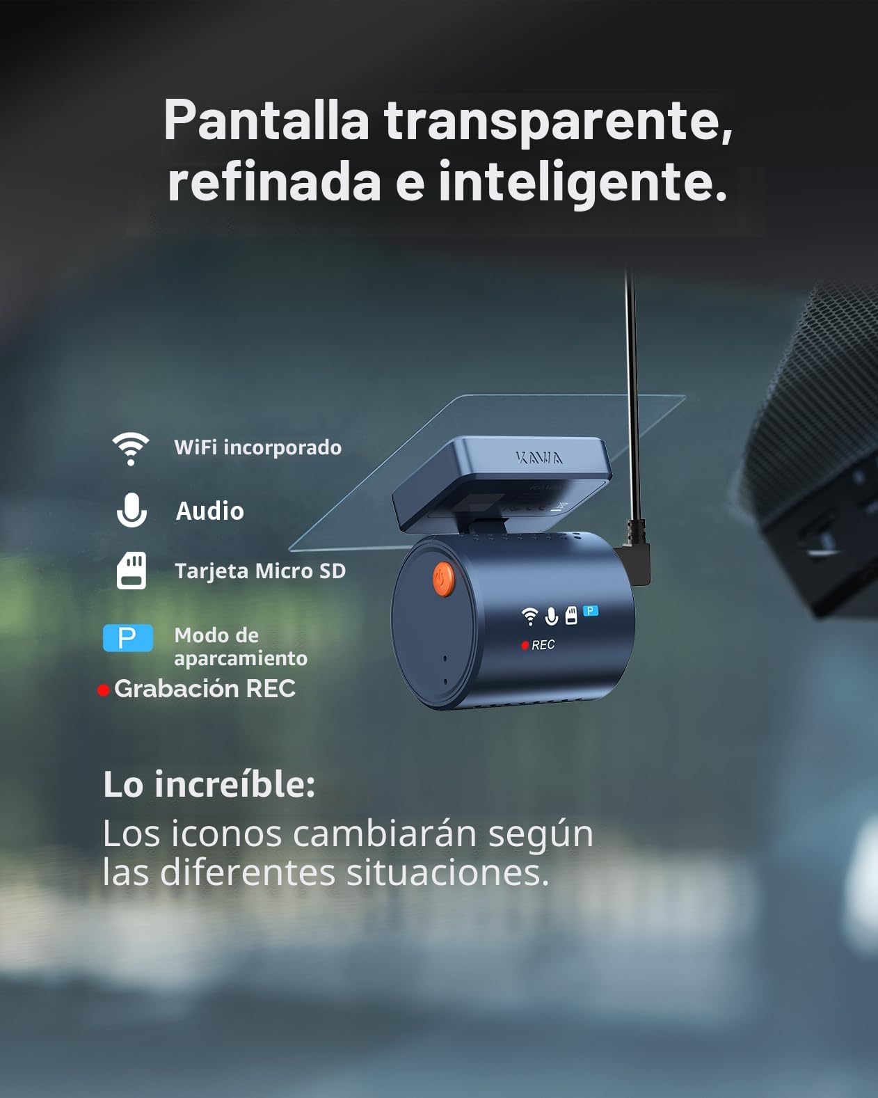 KAWA Dashcam - Pantalla Transparente, 2K1296P Cámara para Coche,Control por Voz, WDR/3D DNR, Visión Nocturna, Sensor G, Supercondensador, Incluye Tarjeta SD 32GB, App Control