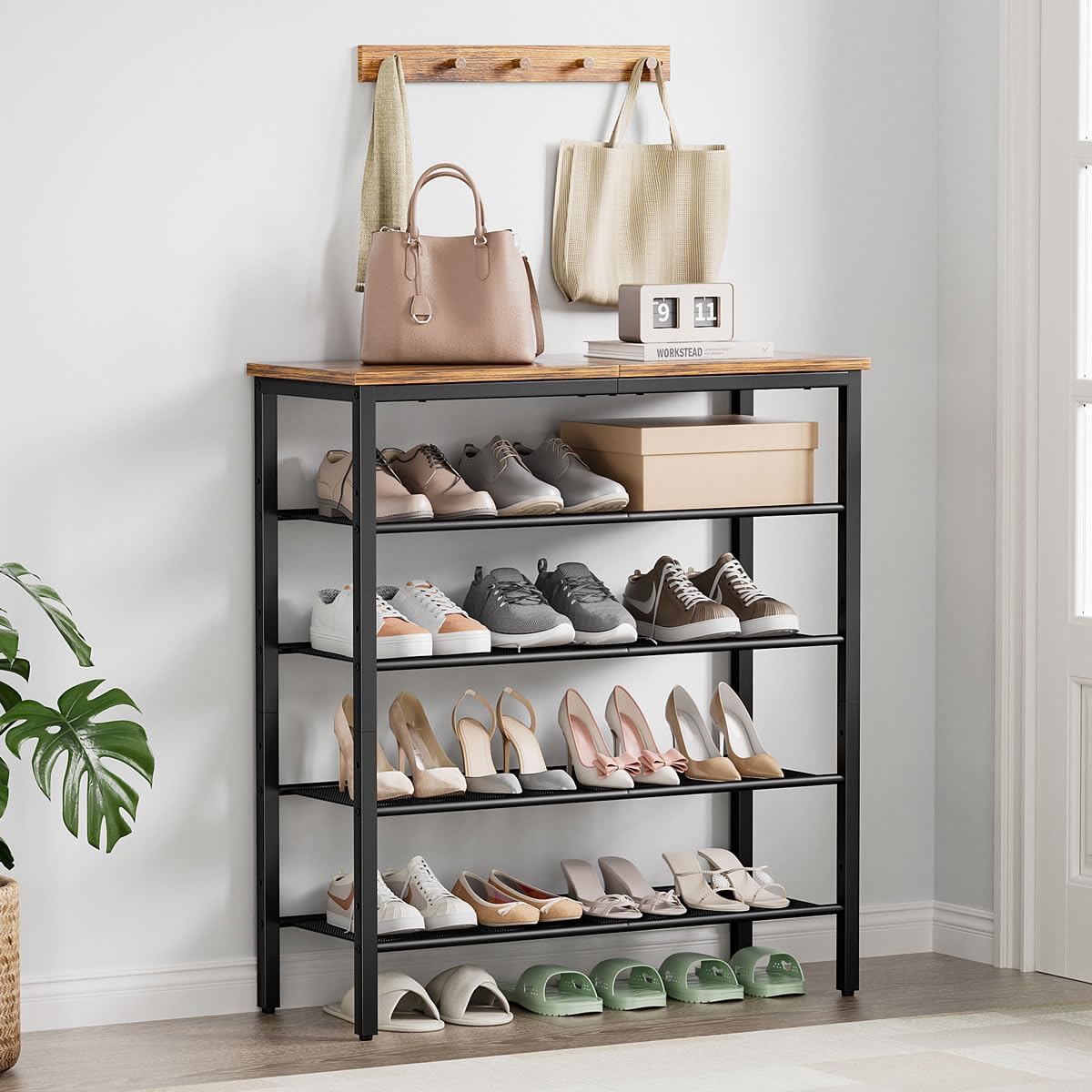 Shoe Rack, 5-Tier Shoe Storage Organizer with 4 Metal Mesh Shelves for 15-20 Pairs, Free Standing Shoe Racks, for Entryway, Hallway, Closet, Dorm Room, Industrial, Rustic Brown