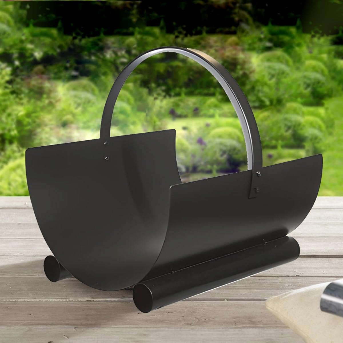 Panier à bûches de cheminée, porte, range bûches en Fer forgé coloris Noir - Hauteur 23 x Longueur 40 x Largeur 40 cm