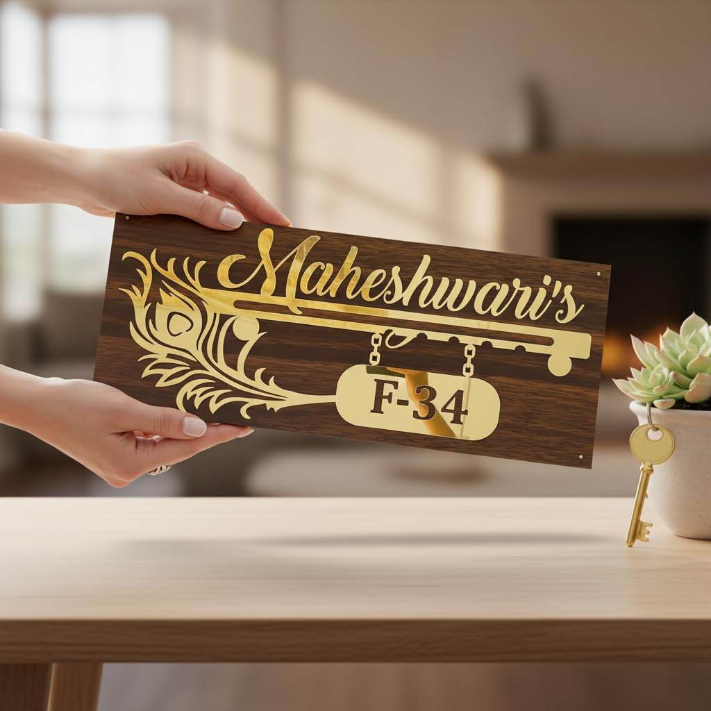 Personalised Home Door Name Plate Acrylic Embossed Letters With Mirror Shine Wood Craft Golden Acrylic Morpankh With Flute Customized Home Name Plate (Gold, 16 * 8)