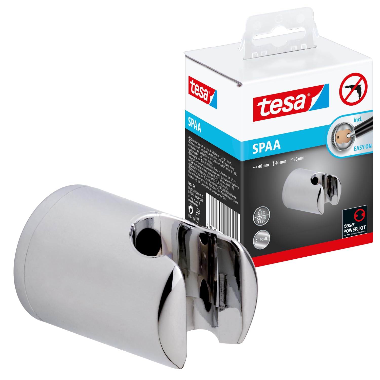 tesa SPAA Duschkopfhalterung, verchromt, garantiert rostfrei, Wandmontage ohne Bohren, inkl. Klebelösung, 40mm x 40mm x 58mm