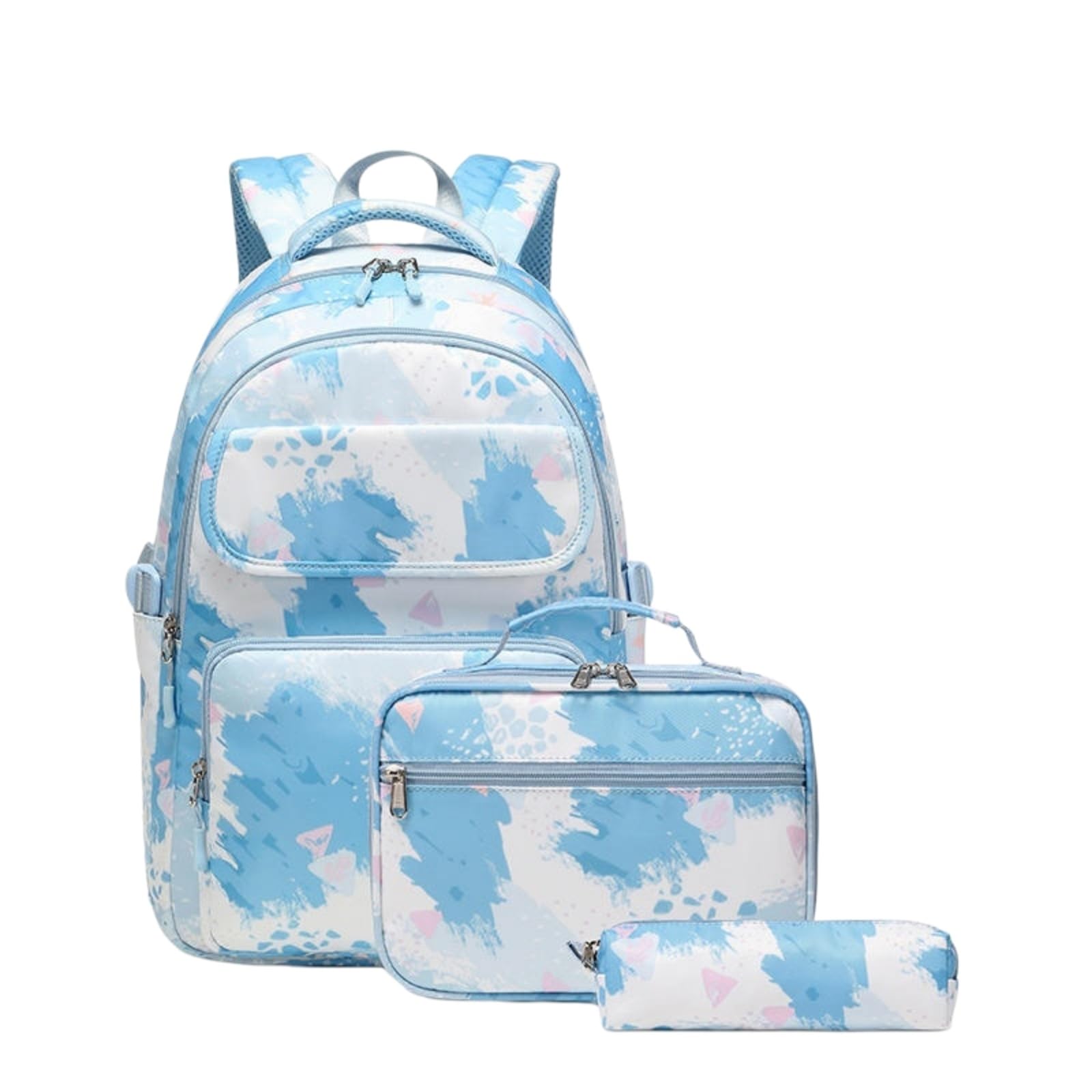 Zaino da Viaggio Blu Bianco Graffiti Art 3-in-1 Set Scuola Resistente all'Acqua con Borsa Pranzo E Custodia A Matita per Gli Studenti