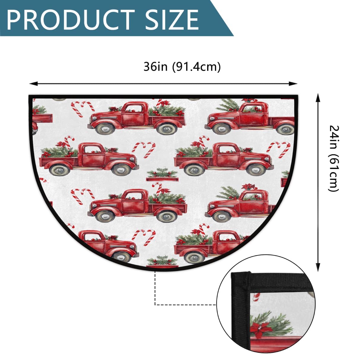 Christmas Red Truck Half Round Door Mat Winter Fir Branch Xmas Washable Semi Circle Rug Area Rug Non Slip Doormat Half Moon Rug for Kitchen Entrance Patio Bedroom Home Decor