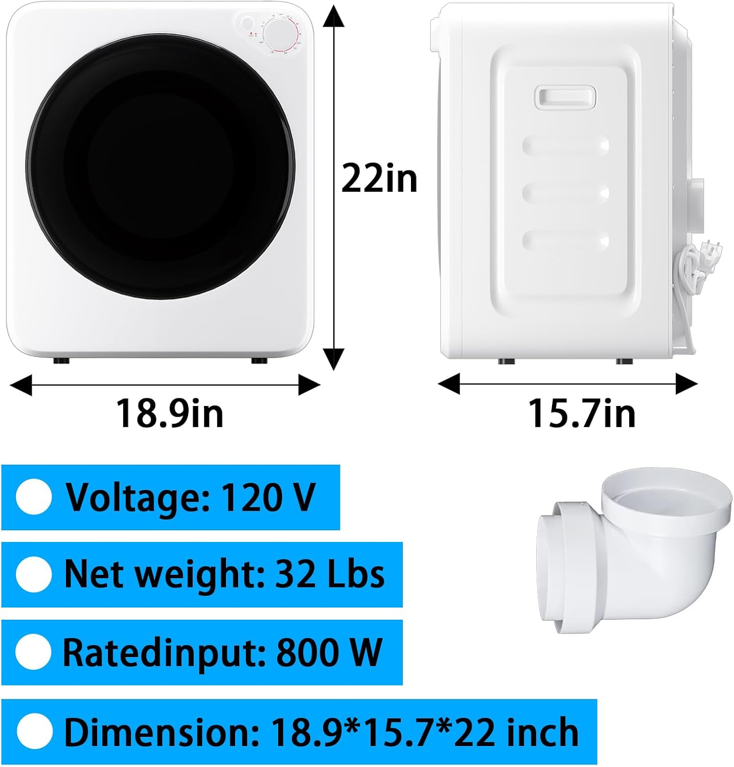 1.8 cu.ft Portable Clothes Dryer with 5 Modes, 800W Compact Dryer with Stainless Steel Tub, Auto Stop & Easy Control Small Dryer Machine, Ideal for Laundry, Apartments, Dorms, RVs, White