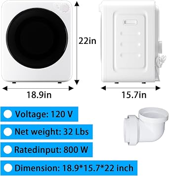 Erivess 1.8 cu.ft Portable Clothes Dryer with 5 Modes, 800W Compact Dryer with Stainless Steel Tub, Auto Stop & Easy Control Small Dryer Machine, Ideal for Laundry, Apartments, Dorms, RVs, White