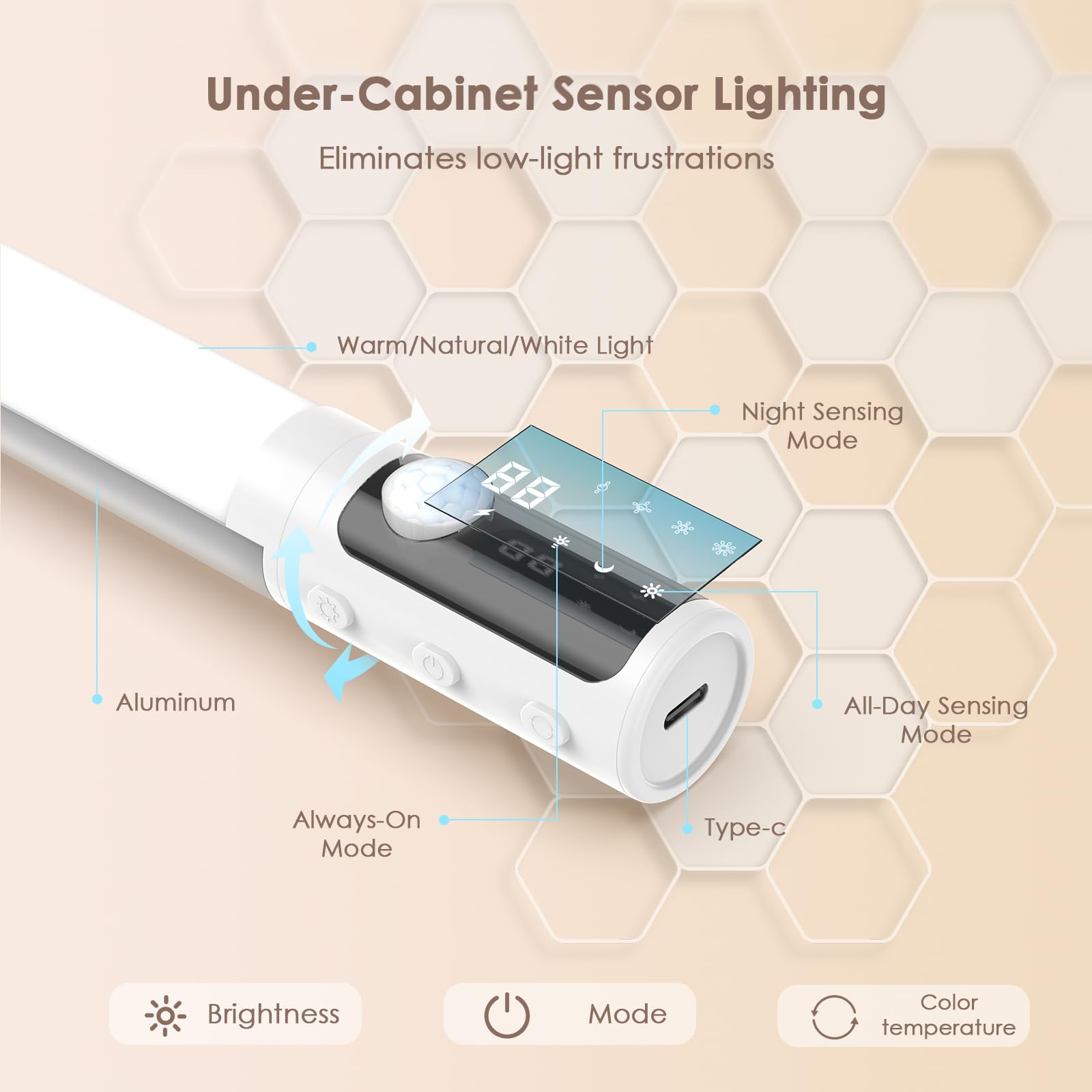 Quntis 38CM LED Sottopensile Cucina con Sensore di Movimento, 3 Modalità di Colore Luci LED Cucina, 2000 mAh Ricaricabile USB, Luci per Armadio con Display per Interno, 2 Pezzi, Bianco