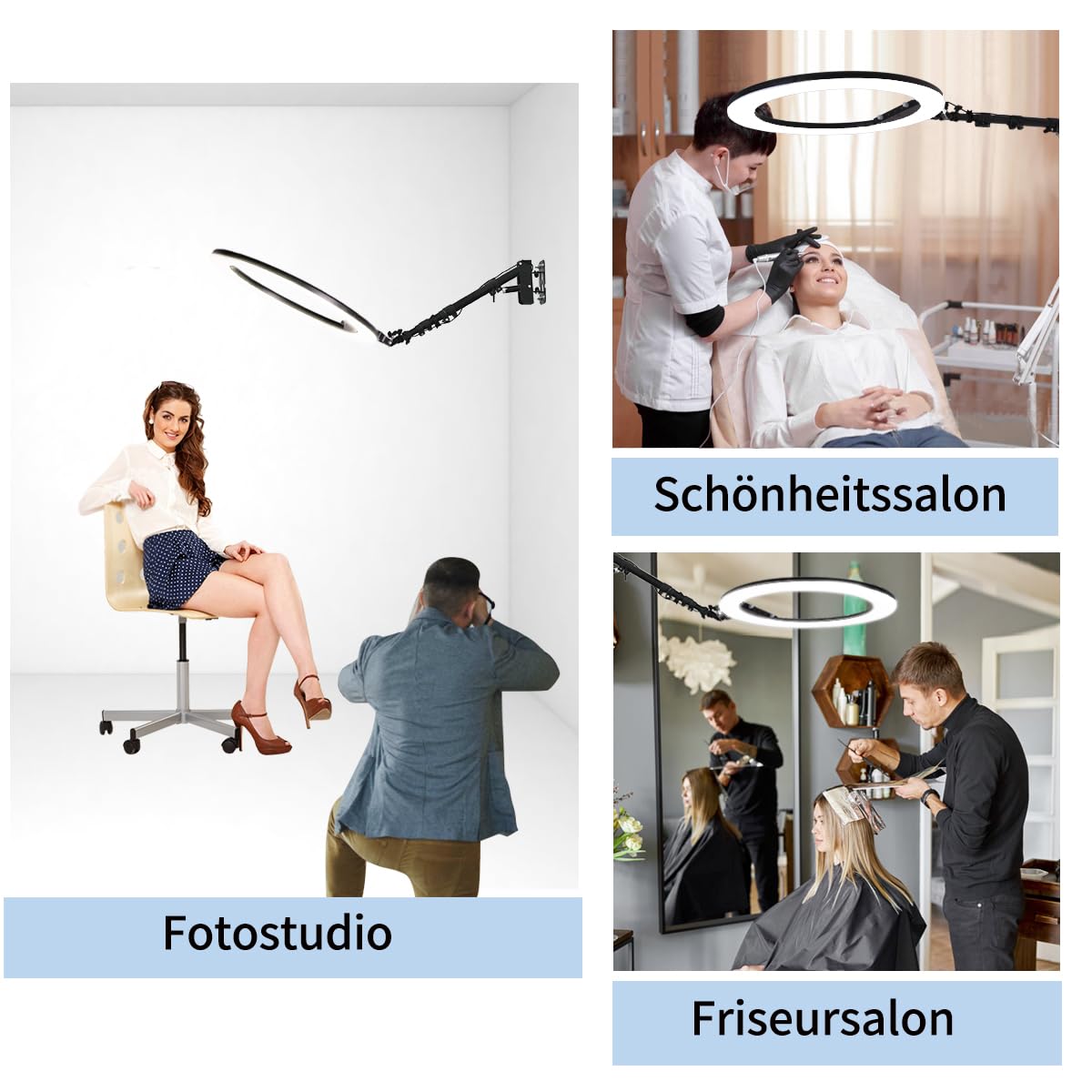 25-Zoll-Ringlicht- Wandhalterung mit Handyhalter, verstellbarer dreieckiger Ausleger, Deckenlichtständer für Fotobeleuchtungsstudio, Live-Übertragung, Salon, Beauty-Tattoo-Licht, Friseurlic