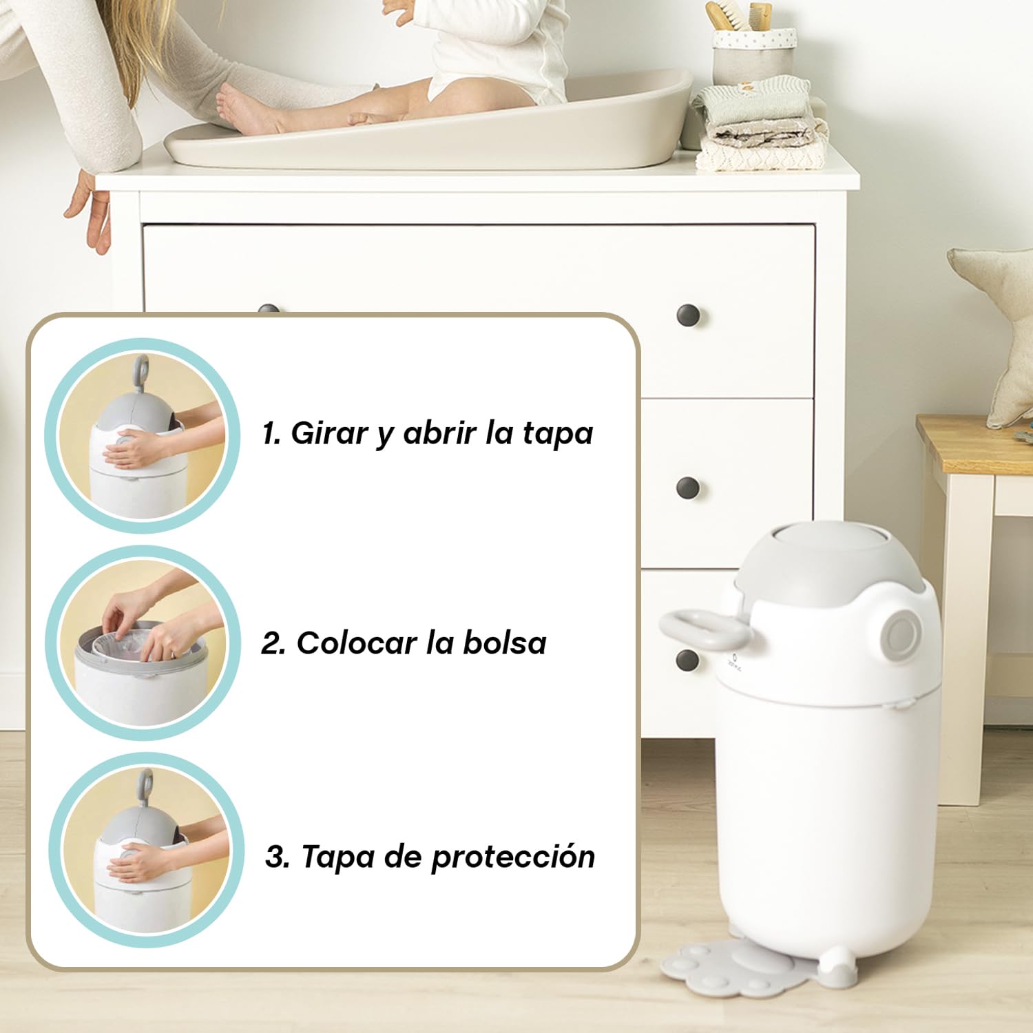 Olmitos - Cubo para Pañales con Sistema Antiolor NAPI, Contenedor pañales compacto y Gran Capacidad, Uso con Bolsas Convencionales, Fácil de Usar y Limpiar – Blanco