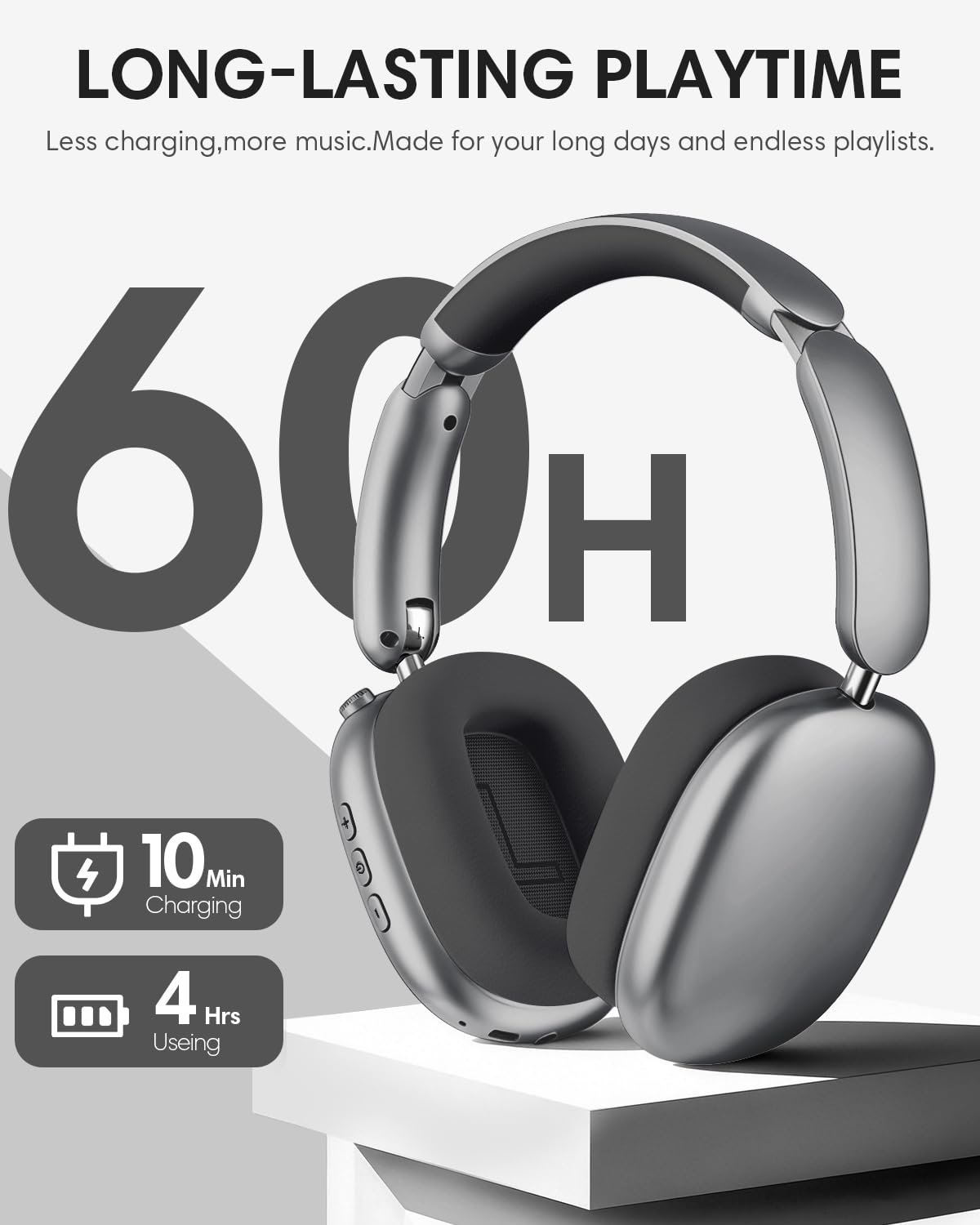 Wentronic Y02 Casque Supra-auriculaire sans Fil à réduction de Bruit,60H d'autonomiet,5 Modes de Musique EQ,Hi-Res Son,Basses Profondes, Bluetooth 5.4,Coussinets en Cuir Respirant (Gris)