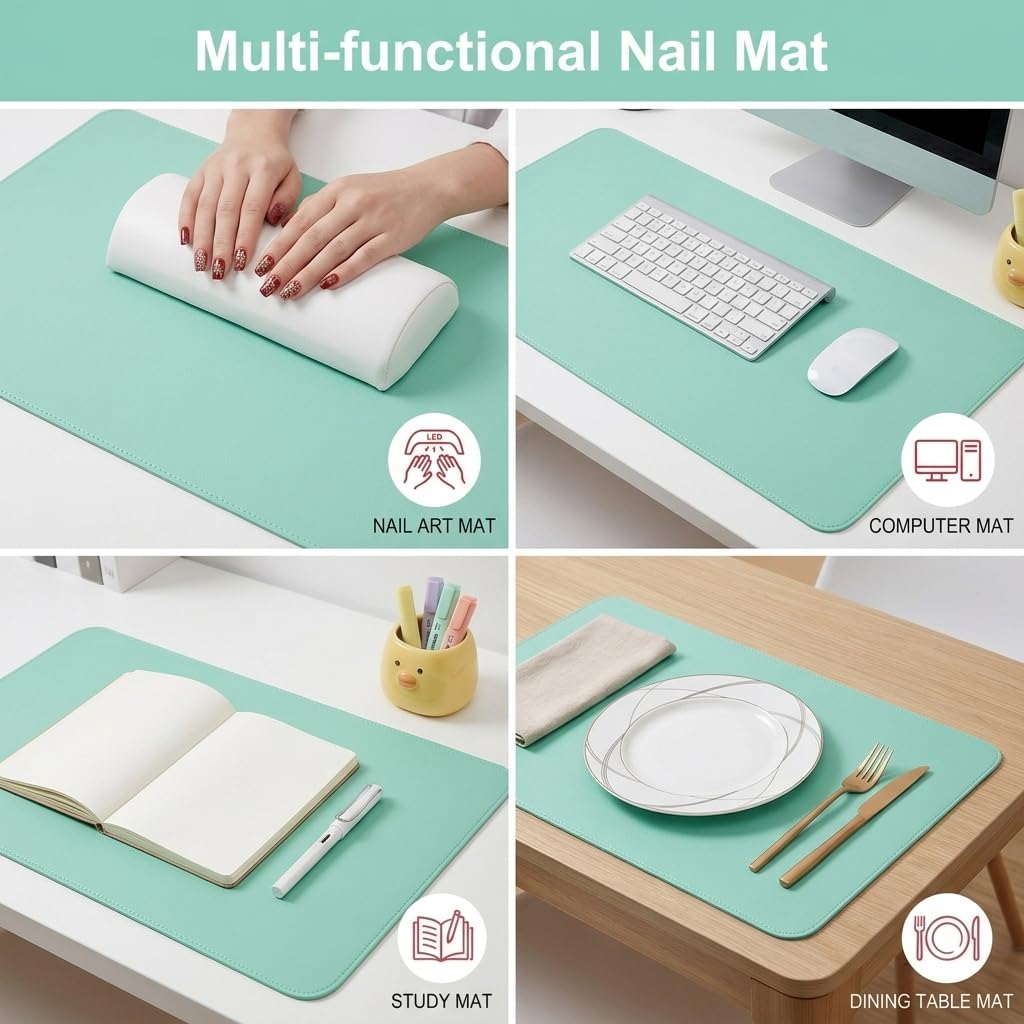 Double Sided Nail Art Table Mat, Soft Microfiber Leather Nail Hand Rest Mat, Waterproof Nail Arm Rest, Nail Mat for Manicure Table Nail Technician, for Desk, Dining Table, Green & Blue (MAT ONLY)