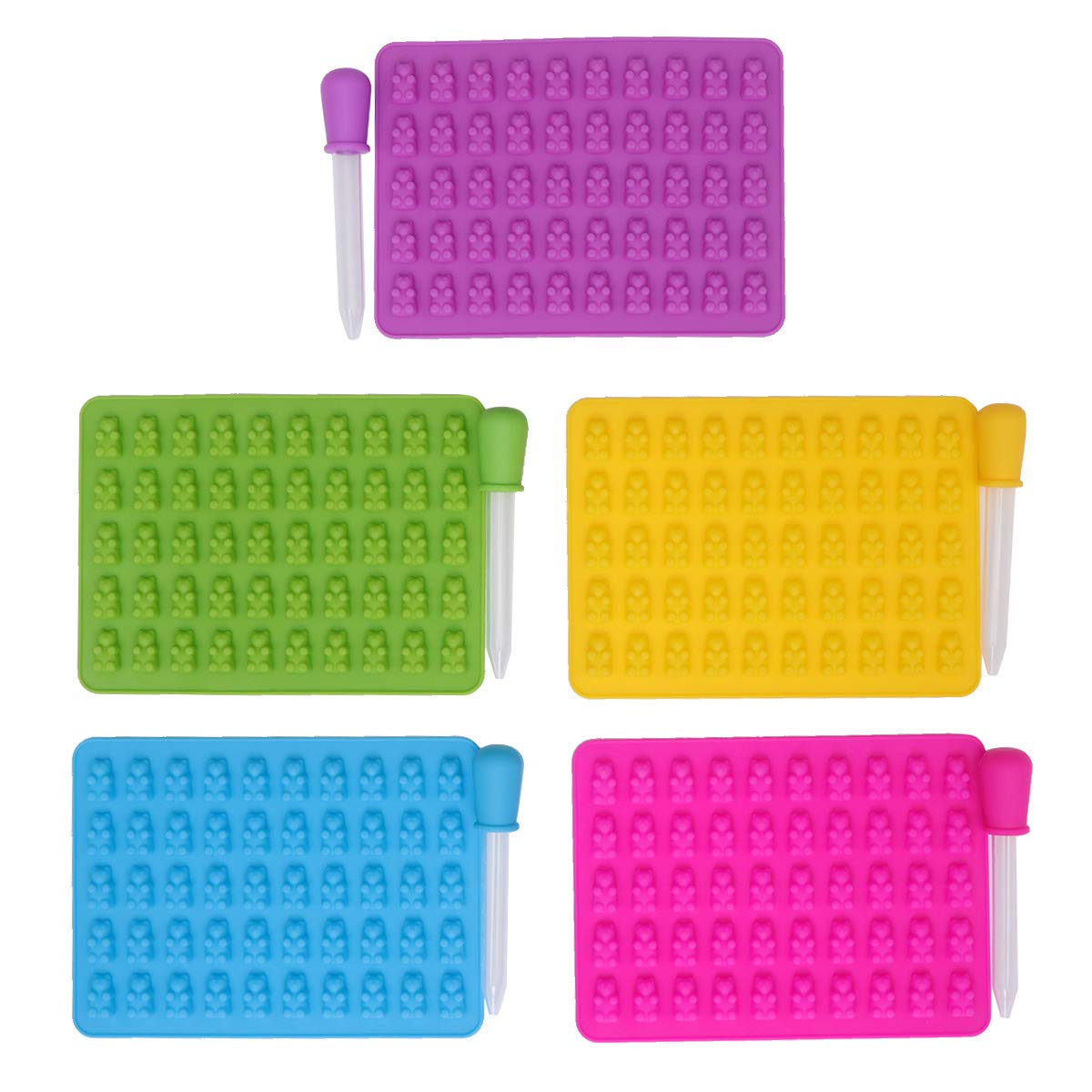 5sets Stampo Forma di Orso in Silicone per Cioccolatini e Caramelle con Contagocce per Dolcetti Azzurro Verde Rosa Giallo