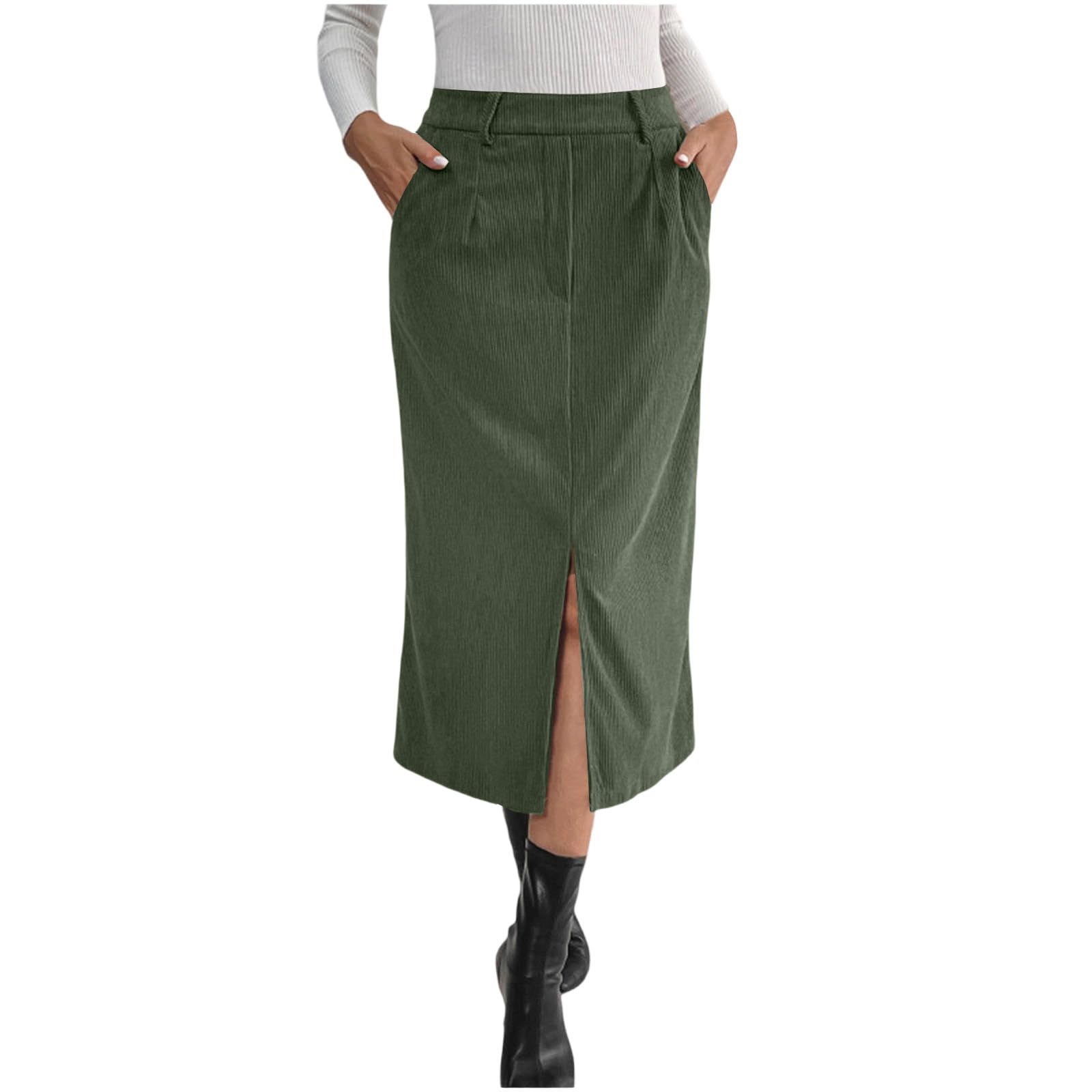 Corduroy Pencil Skirt Womens Midi Length High Waisted Business Casual Fronted Slit Fall Winter Skirts with Pockets