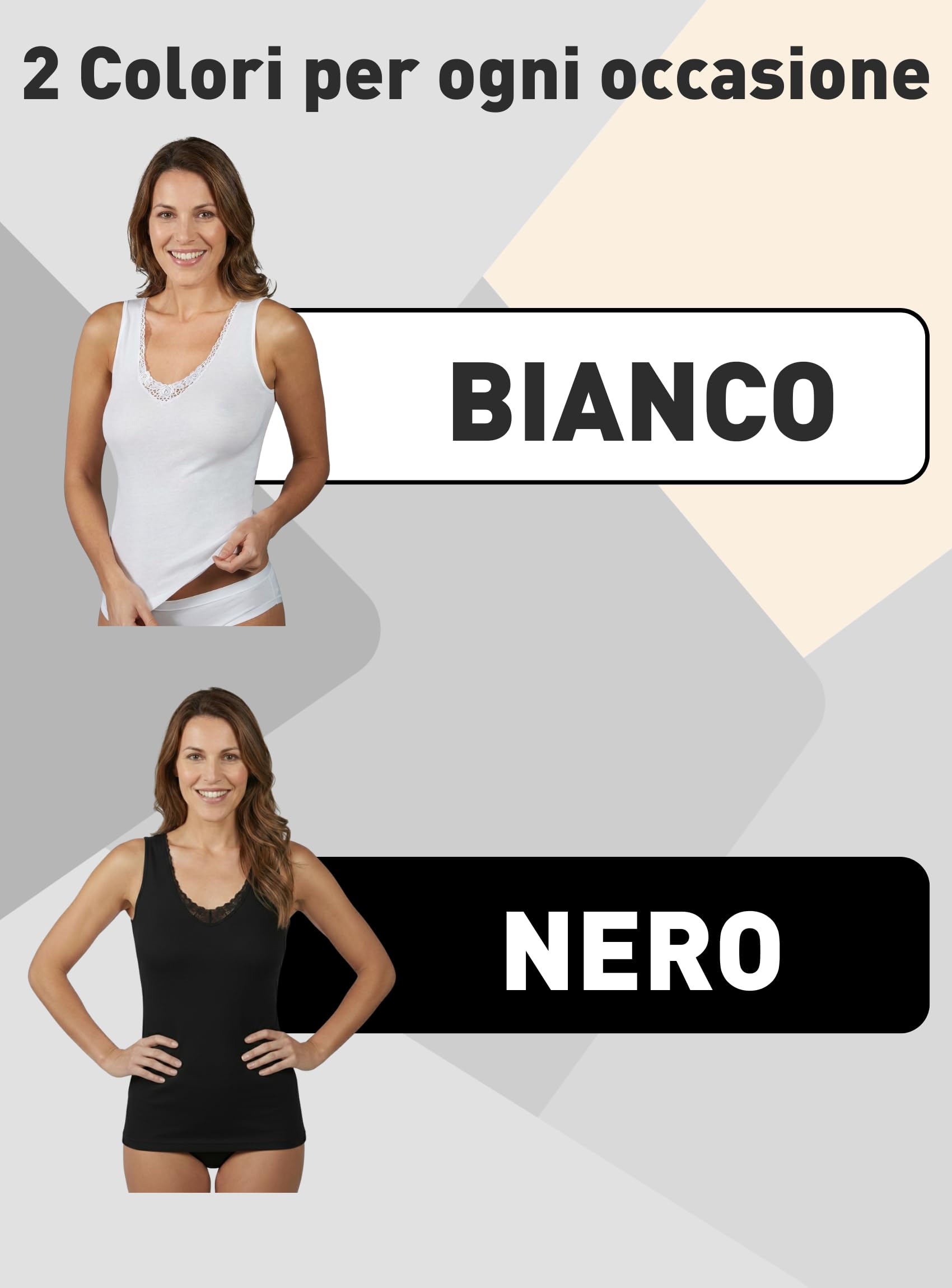 VP PINUCCIO VENEGONI Set 2 canottiere donna Cotone 100% Mercerizzato Spalla Larga | Pizzo macramé, Spalline sottili, Top intimo elegante | Made in Italy