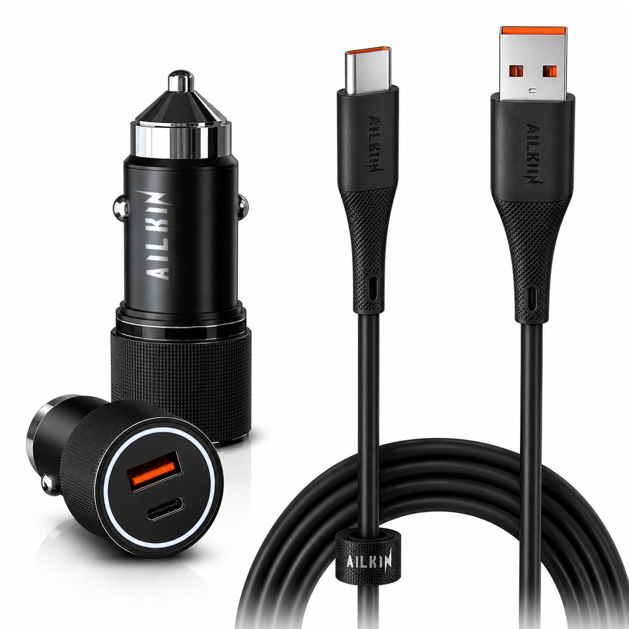 AILKIN 148W 2-in-1 Car Charger with Built-in Cable, 100W QC USB-A + 48W PD USB-C Fast Charging Car Adapter, Compatible with iPhone 16/15/14/13, Samsung Galaxy, iPad, Smartwatch, Earbuds, Power Bank-image-36