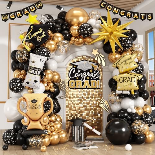 Graduation Balloon Arch Kit Black Gold White Grad Balloons with Explosion Star Diploma Trophy Grad Hat Foil Balloon for Class of 2026 Graduates Celebration Party Decoration