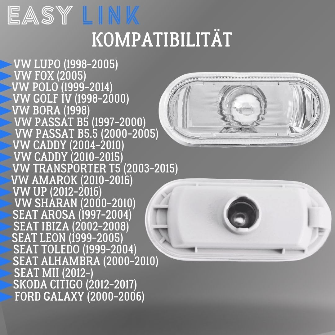 2x Intermitentes Laterales Indicadores Compatible con VW Golf Passat Caddy Polo Amarok T5 Sharan Lupo Bora Up Seat Ibiza Leon Toledo Alhambra
